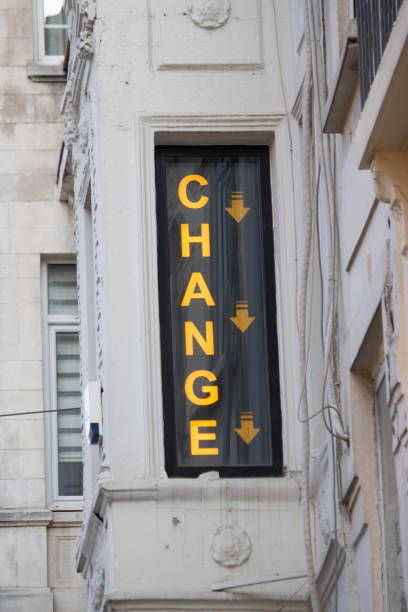 istock Change text written on the glass of the exchange office. 1208838372