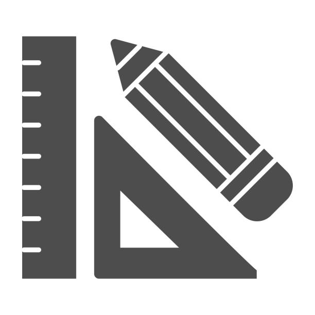 cetvel ve kalem katı simgesi. matematik araçları, klasik okul matematik aleti çizimi. geometri konu vektör tasarım kavramı, beyaz arka plan üzerinde glyph tarzı pictogram. - mezura ölçü araçları illüstrasyonlar stock illustrations