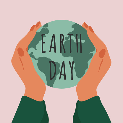Earth day greeting card. Human hands hold green planet Earth with care. Vector ecological illustration isolated from background