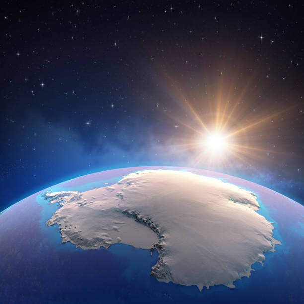 sun shining over antarctica from space - climate change south pole antarctica imagens e fotografias de stock