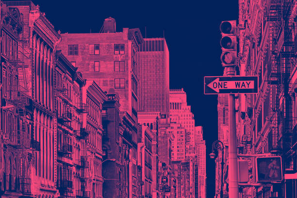 Buildings of SoHo in New York City with pink and blue duotone color effect Buildings of SoHo in New York City with vibrant pink and blue duotone color effect soho new york stock pictures, royalty-free photos & images