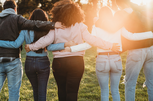 Group of six teenager friends embracing together at the park at sunset, rear view. Teamwork and cooperation concept with people together, sharing a common purpose.