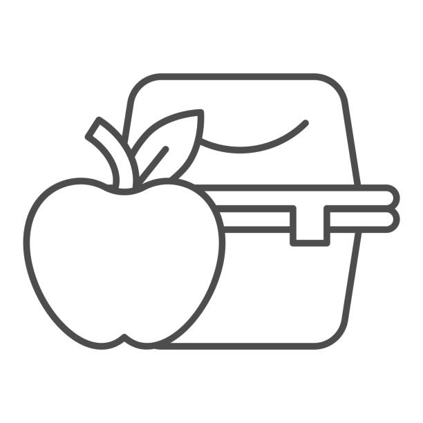 lunchbox dünne linie symbol. apfel mit kunststoffbehälter mit hausgemachten lebensmitteln. schulvektor-design-konzept, umriss stil piktogramm auf weißem hintergrund. - lunch box packed lunch apple symbol stock-grafiken, -clipart, -cartoons und -symbole