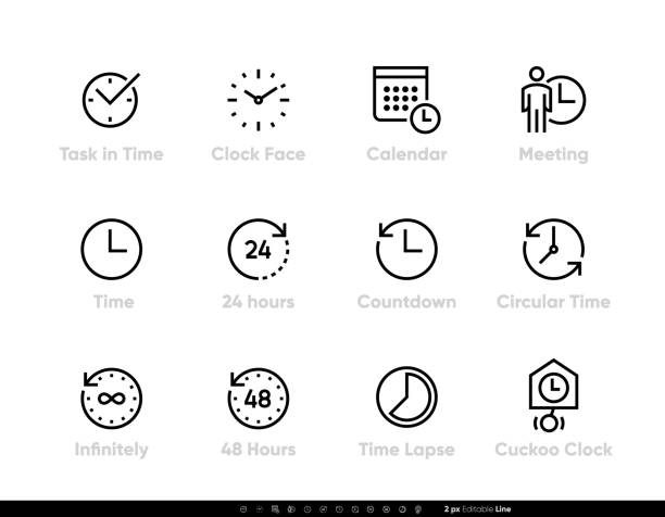 Task and Time icons set. Clock, Calendar, Meeting, 24 hours, Time, 48h, Lapse editable line vector illustration on white background. Task and Time icons set. Clock, Calendar, Meeting, 24 hours, Time, 48h, Lapse editable line vector illustration on white background clock icons stock illustrations