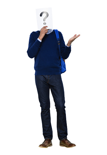 Full length of aged 20-29 years old with black hair african ethnicity young male standing in front of white background wearing warm clothing who is uncertainty and showing question mark