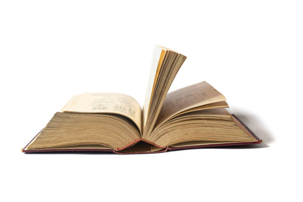 istock Open old book with yellow pages  isolated on white background 1208840239
