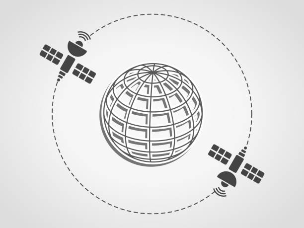 ilustraciones, imágenes clip art, dibujos animados e iconos de stock de dos satélites que orbitan la tierra representados como una esfera de estructura alámbrica sobre un fondo gris sutil. - satellite global positioning system surveillance satellite dish