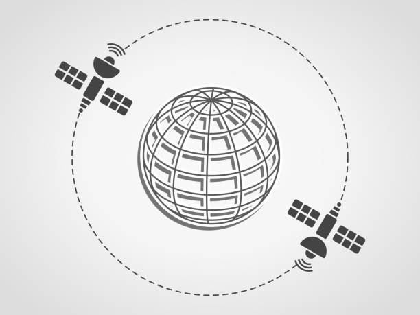 地球を周回する2つの衛星は、微妙な灰色の背景にワイヤーフレーム球として表されます。 - satellite global positioning system surveillance satellite dish点のイラスト素材／クリップアート素材／マンガ素材／アイコン素材