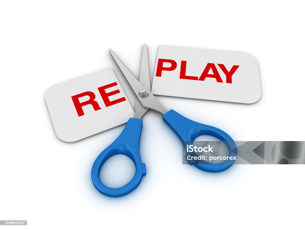 Scissors Cutting a Paper with REPLAY Word - 3D Rendering Advice Stock Photo