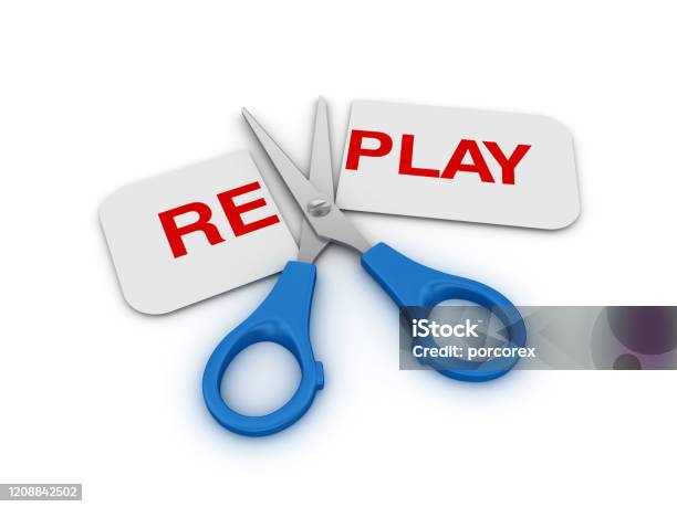 Scissors Cutting A Paper With Replay Word 3d Rendering Stock Photo - Download Image Now