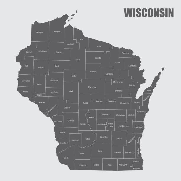 Wisconsin counties map The Wisconsin state map and its counties with labels wisconsin stock illustrations
