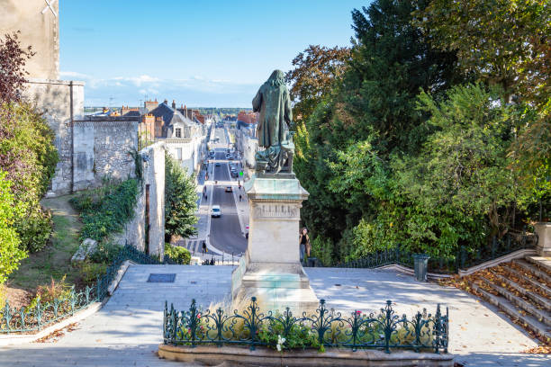 Blois, France - October 10, 2019: View from top of escalier Denis Papin or Mona Lisa Stairway with statue of Denis Papin.