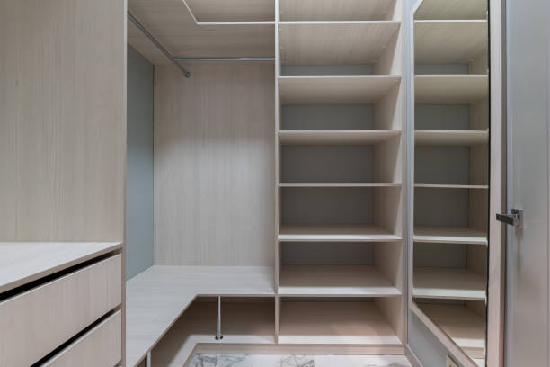 istock empty dressing room with wooden light furniture. 1208843263