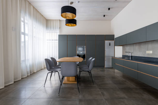 istock The dining room and kitchen are Scandinavian-style. Spacious. Dining table. 1208843291