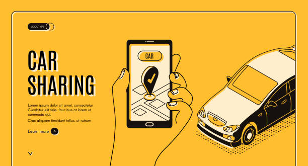 Car sharing service isometric landing page, app Car sharing service isometric landing page. Mobile city transportation, Online carsharing, human hand holding smartphone with gps mark on screen, 3d vector illustration, line art, web banner template mobility as a service stock illustrations