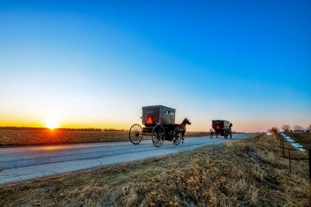 Sun on the Horizon with Two Amish Buggies Sun on the Horizon with Two Amish Buggies on a Rural Indiana Road amish photos stock pictures, royalty-free photos & images