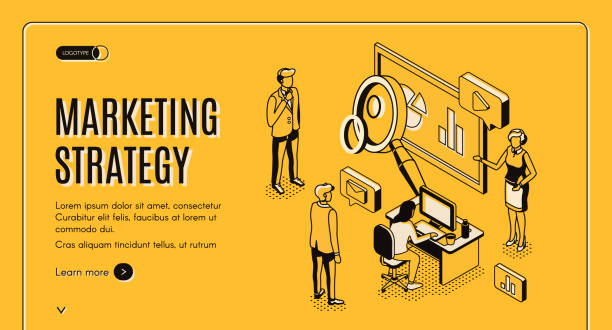 Marketing strategy, financial analytic company Marketing strategy isometric landing page, financial analytic company working process in office, business people planning, analyzing statistics data, doing presentation 3d vector, line art, web banner travel agencies stock illustrations