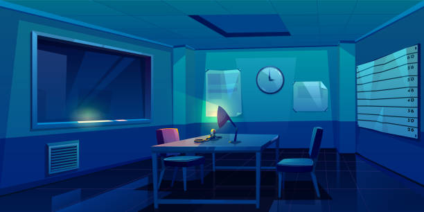 Interrogation room in police station interior Interrogation room in police station, dark empty interior for questioning crimes with handcuffs and glowing lamp on table, place for interview arrested people in night time Cartoon vector Illustration police interview stock illustrations