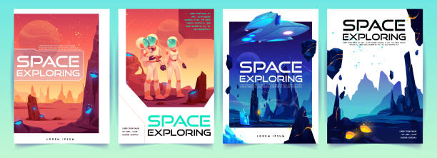 Space exploring banners set with alien landscape Space exploring banners set with alien fantasy landscape background and astronauts family on red planet surface. colonization concept for computer game or poster design. Cartoon vector illustration astronaut backgrounds stock illustrations