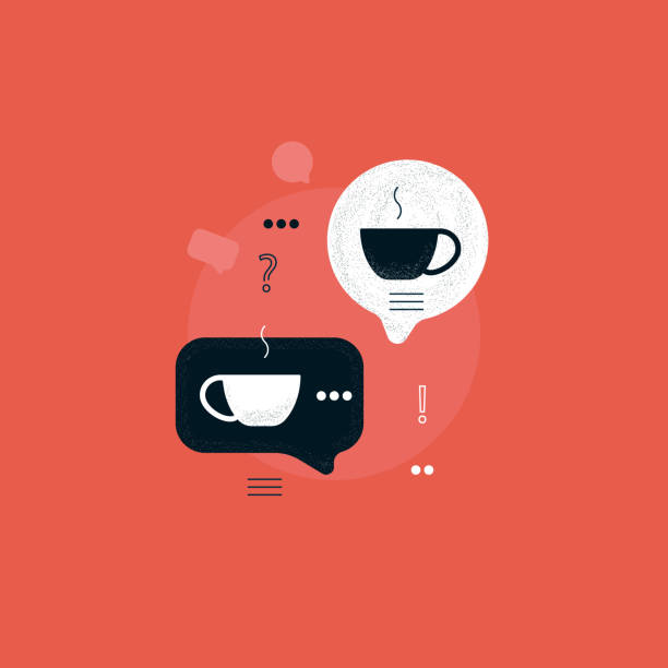 ilustraciones, imágenes clip art, dibujos animados e iconos de stock de burbuja del habla con taza de café, coffee break, discusión con bebida caliente, comunicación con el concepto de café - coffee