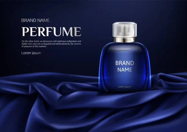 Vector illustration of Perfume glass bottle on blue silk folded fabric