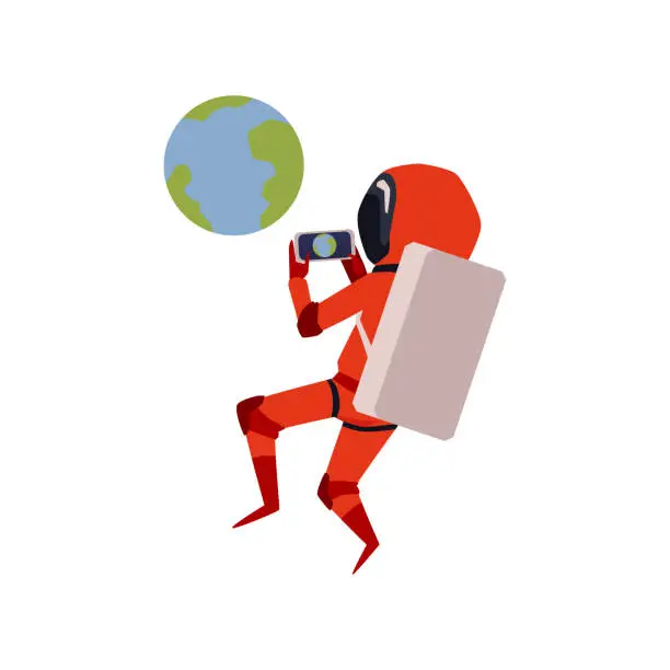 Vector illustration of Astronaut or spaceman making photo of planet flat vector illustration isolated.