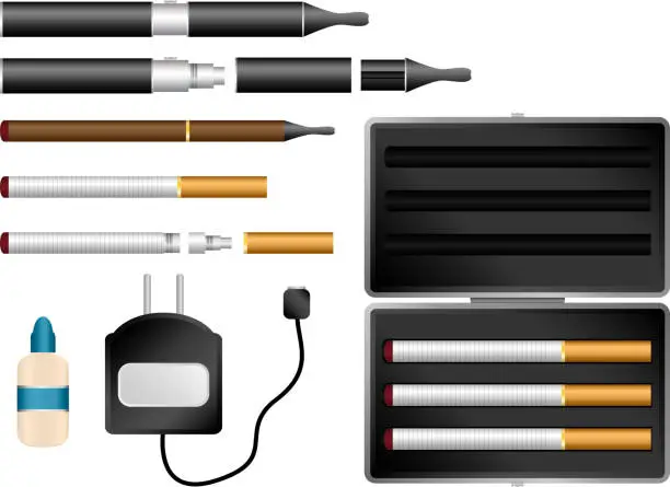 Vector illustration of Vector - Electronic Cigarette Kit with Liquid, Charger and Case