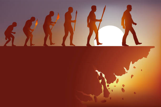 illustrations, cliparts, dessins animés et icônes de évolution de l’espèce humaine jusqu’à l’effondrement de la planète et  l’extinction de l’humanité. - évolution de lespèce