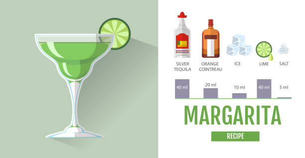 plochý styl koktejlového menu design. koktejl margarita recept - koktejl margarita stock ilustrace