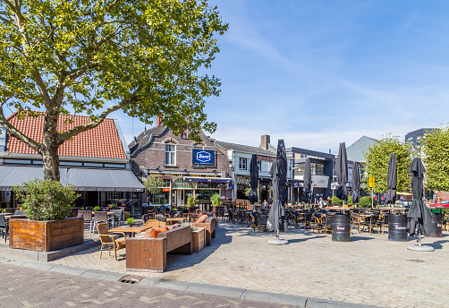 Tilburg Netherlands - September 10, 2019: Restaurant, cafe and terrace on Plus square in the historic centre of Tilburg in Brabant Netherlands.