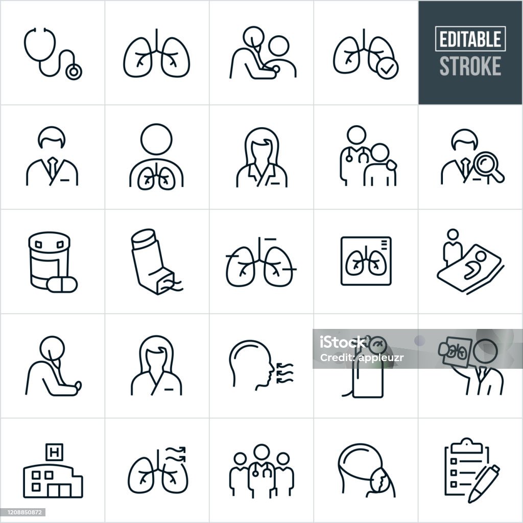 Respiratory Therapy Thin Line Icons - Editable Stroke A set of respiratory therapy icons that include editable strokes or outlines using the EPS vector file. The icons include respiratory therapists, stethoscope, human lungs, doctor using stethoscope to check breathing of patient, medical checkup, male doctor, female doctor, medication, inhaler, x-ray of lungs, patient sick in bed, nurse, person breathing, oxygen tank, doctor reviewing x-ray of lungs, hospital, team of doctors, oxygen mask and a checklist to name a few. Icon stock vector