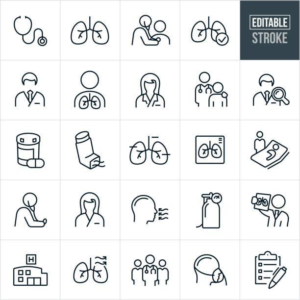 Respiratory Therapy Thin Line Icons - Editable Stroke A set of respiratory therapy icons that include editable strokes or outlines using the EPS vector file. The icons include respiratory therapists, stethoscope, human lungs, doctor using stethoscope to check breathing of patient, medical checkup, male doctor, female doctor, medication, inhaler, x-ray of lungs, patient sick in bed, nurse, person breathing, oxygen tank, doctor reviewing x-ray of lungs, hospital, team of doctors, oxygen mask and a checklist to name a few. respiratory therapy hospital stock illustrations
