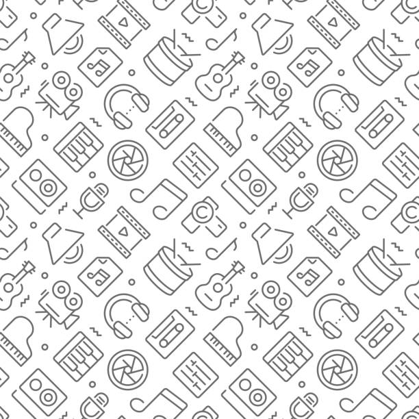 Music and video related seamless pattern with outline icons Music and video related seamless pattern with outline icons seamless wallpaper video stock illustrations