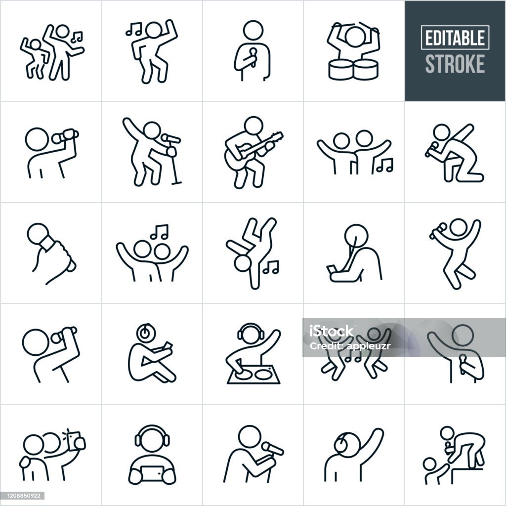 Music and Dance Thin Line Icons - Editable Stroke A set of music and dance icons that include editable strokes or outlines using the EPS vector file. The icons include people dancing to music, person singing into microphone, person drumming, musician playing a guitar, musician rocking out while singing, hand holding a microphone, person breakdancing to music, person listening to music device, person with headphones on listening to music, DJ at a turntable, person taking a selfie, person listening to music on mobile device, and a singer at a concert reaching down from stage to a fans outstretched hand. Icon stock vector