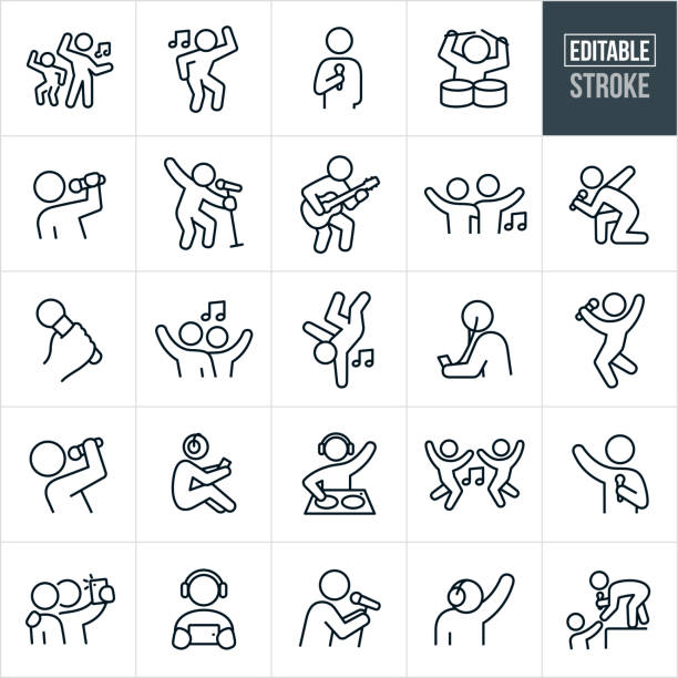 Music and Dance Thin Line Icons - Editable Stroke A set of music and dance icons that include editable strokes or outlines using the EPS vector file. The icons include people dancing to music, person singing into microphone, person drumming, musician playing a guitar, musician rocking out while singing, hand holding a microphone, person breakdancing to music, person listening to music device, person with headphones on listening to music, DJ at a turntable, person taking a selfie, person listening to music on mobile device, and a singer at a concert reaching down from stage to a fans outstretched hand. drum line stock illustrations