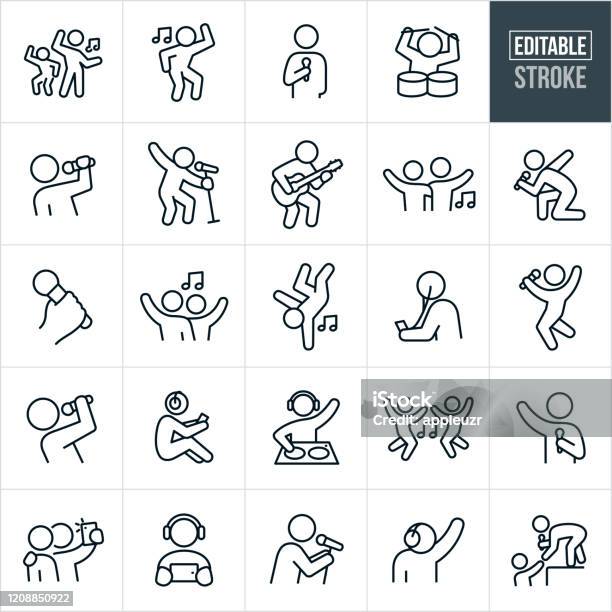 Music And Dance Thin Line Icons Editable Stroke Stock Illustration - Download Image Now - Icon, Dancing, Music
