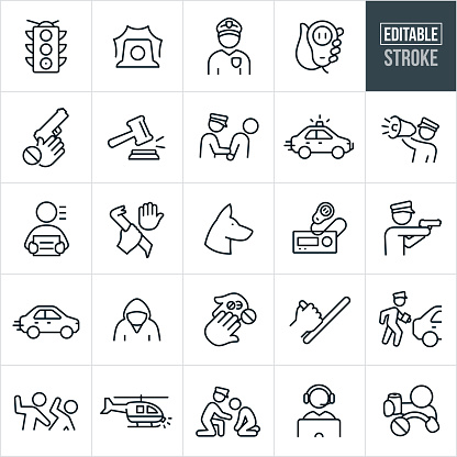 A set of law enforcement icons that include editable strokes or outlines using the EPS vector file. The icons include a police officer with badge and hat, a stop light, siren, hand holding a CB radio receiver, safety against children obtaining guns, gavel, police officer hand cuffing criminal, police car, police officer with megaphone, criminal, crime, police dog, CB radio, police officer with gun drawn, speeding car, illegal drugs, police baton, police officer giving ticket to person in car, a person beating another person, police helicopter, public service, dispatcher and a drunk driver.