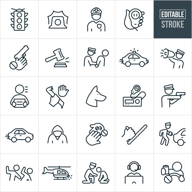 Law Enforcement Thin Line Icons - Editable Stroke A set of law enforcement icons that include editable strokes or outlines using the EPS vector file. The icons include a police officer with badge and hat, a stop light, siren, hand holding a CB radio receiver, safety against children obtaining guns, gavel, police officer hand cuffing criminal, police car, police officer with megaphone, criminal, crime, police dog, CB radio, police officer with gun drawn, speeding car, illegal drugs, police baton, police officer giving ticket to person in car, a person beating another person, police helicopter, public service, dispatcher and a drunk driver. crime illustrations stock illustrations
