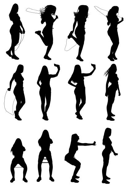 ilustraciones, imágenes clip art, dibujos animados e iconos de stock de conjunto de siluetas de mujer deportiva haciendo ejercicio calentando con saltar o saltar la cuerda y la banda de resistencia - stretching exercising gym silhouette