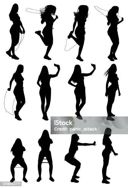 Silhouettes Set Of Sport Woman Exercising Warming Up With Jumping Or Skipping Rope And Resistance Band Stock Illustration - Download Image Now