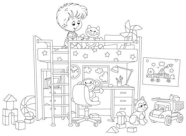 ilustrações de stock, clip art, desenhos animados e ícones de little boy playing in his playroom - little boys cartoon child drawing