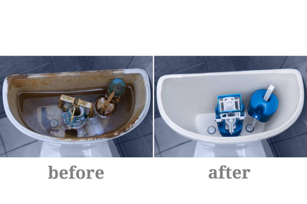old broken fittings in a dirty toilet and a new clean one. plumbing repair. before and after. - water pipe rusty dirty equipment imagens e fotografias de stock