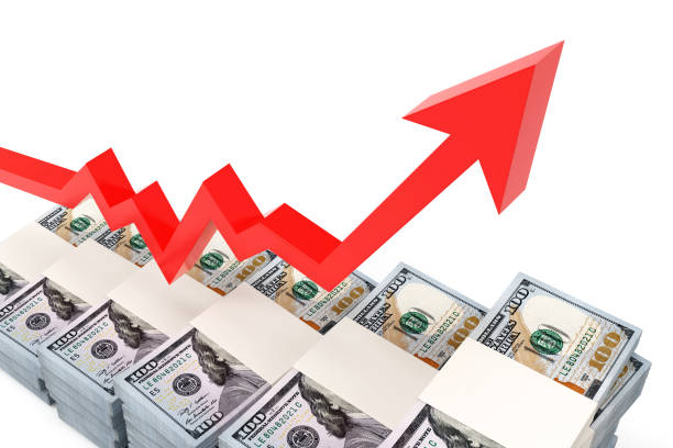 istock Dollar stacks and Red Arrow Moving Up Over Graph Background stock photo 1208858515