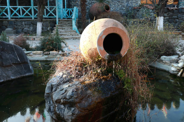View of kvevri earthenware vessel fountain in Georgia