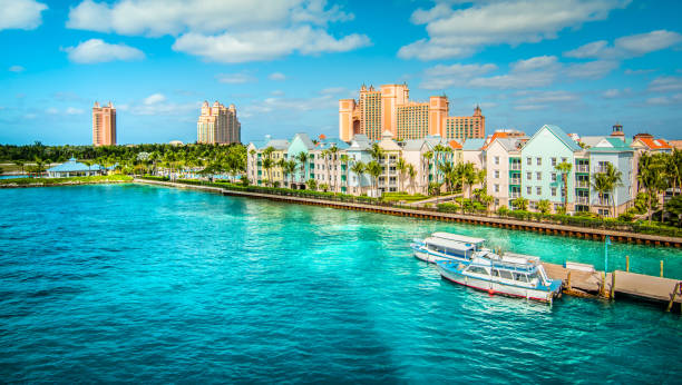 Paradise Island, Nassau, Bahamas. Skyline of Paradise Island with colorful houses at the ferry terminal. Nassau, Bahamas. bahamas photos stock pictures, royalty-free photos & images