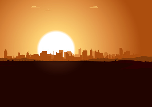 Vector illustration of a summer urban landscape in the sunrise. Vector eps and high resolution jpeg files included. 