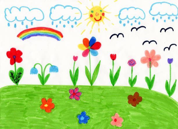 istock Childish drawing of house flowers and rainbow 1208862425