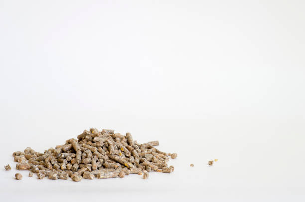 istock Dry feed pellets are scattered in a pile on a white background. Background 1208862468