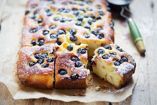Lime juice, yoghurt, olive oil cake with blueberries