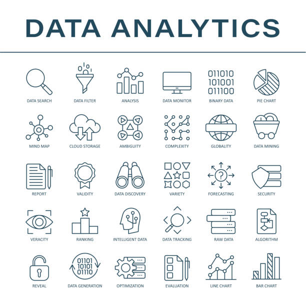 ilustraciones, imágenes clip art, dibujos animados e iconos de stock de iconos de línea de análisis de datos - vector - base